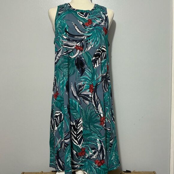 Loft Outlet Tropical Leaves Teal Swing Dress size L - Picture 1 of 7